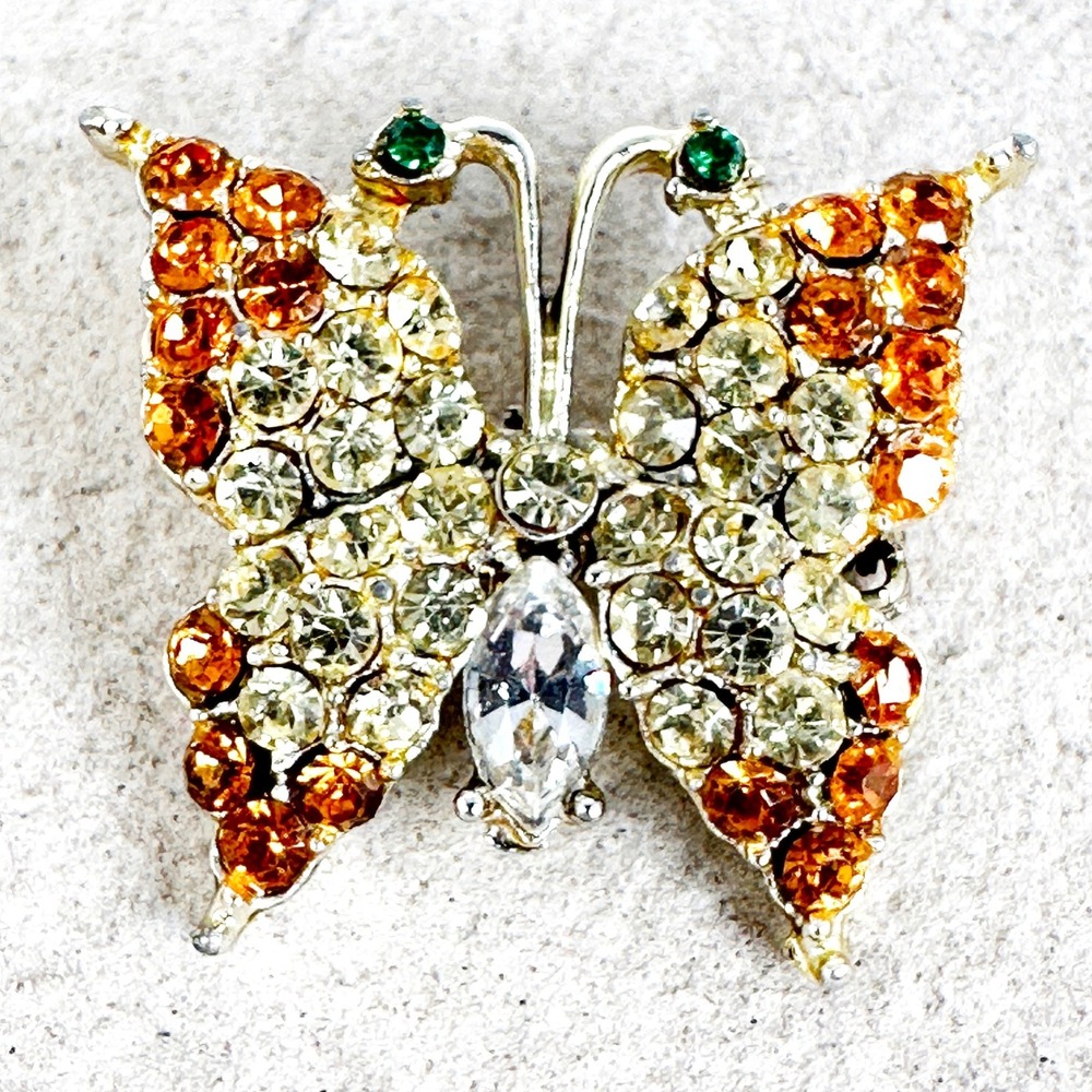 Mid-Century Rhinestone‎ Butterfly Pin Amber Citrine Emerald Accents Gold Tone